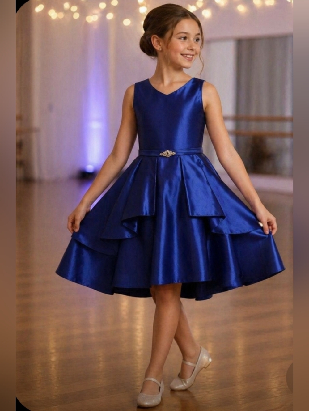 Julia Lee Girls Royal Blue Sleeveless Satin Dress Decorative Waist Accent Sz 10